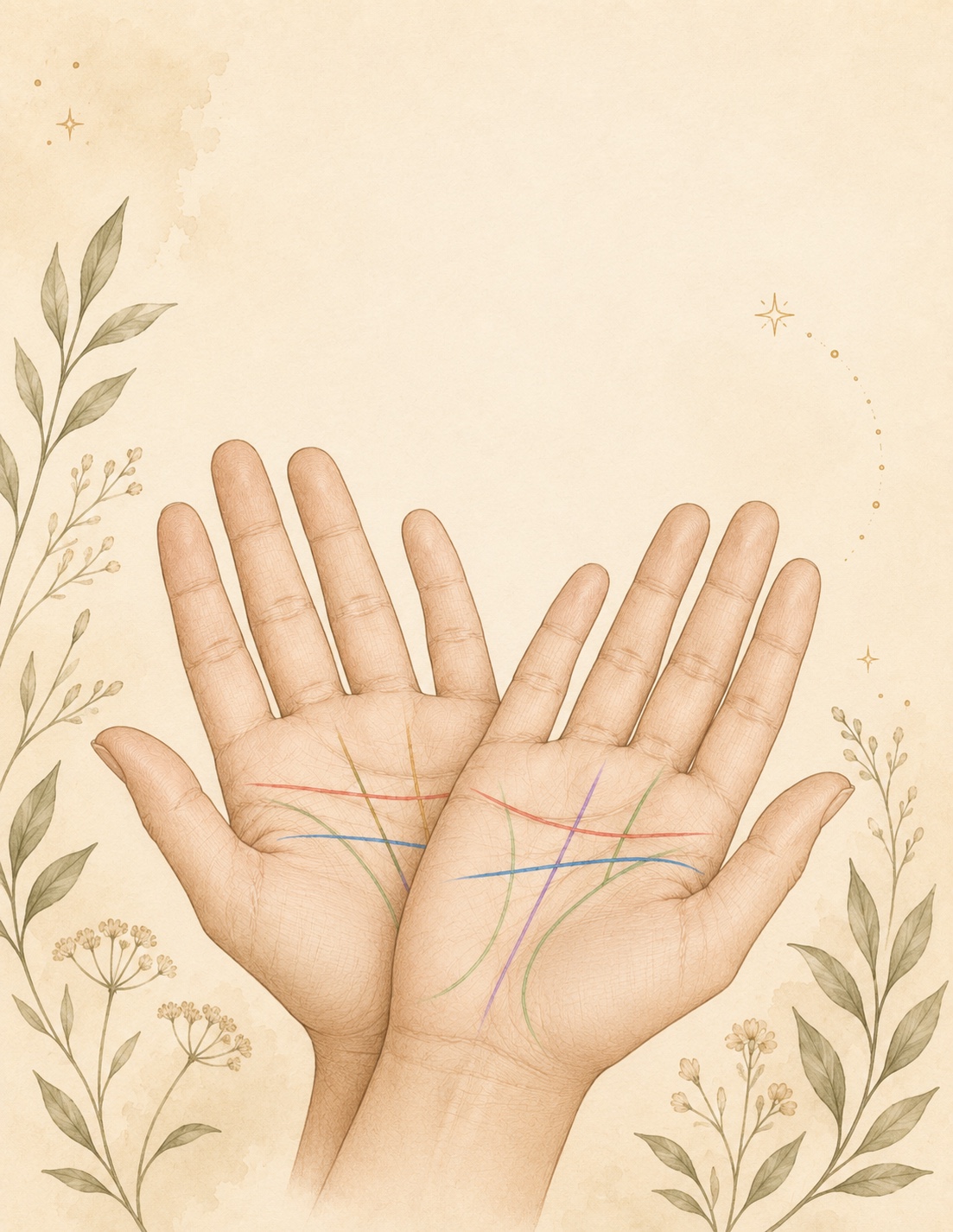 Two illustrated palms with softly colored lines, surrounded by botanical sprigs.