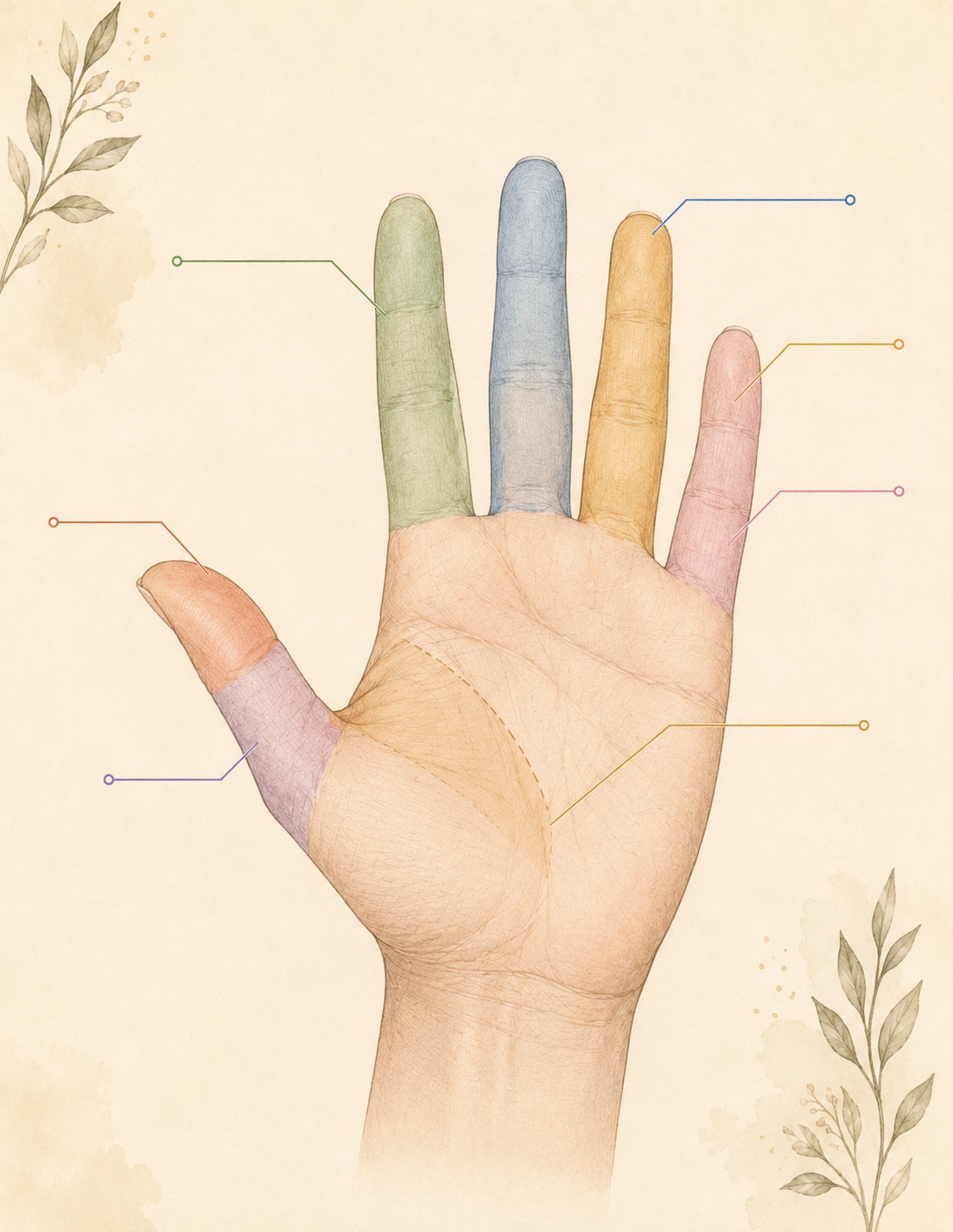 Color-coded fingers and thumb segments on a palm.