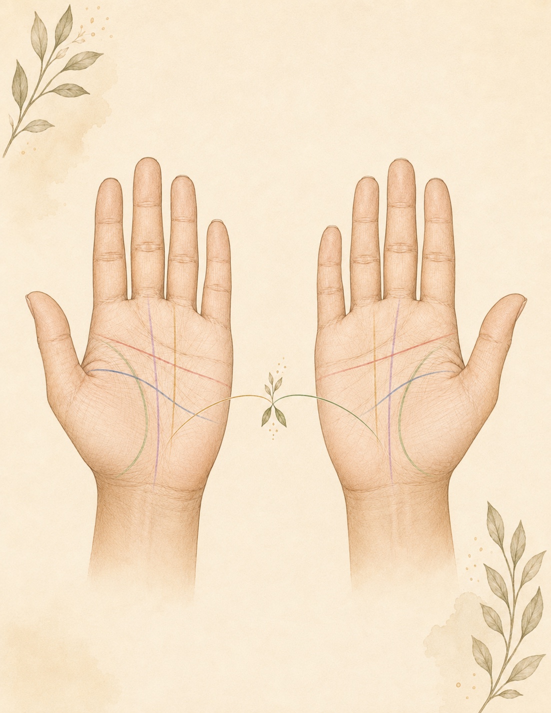 Right and left palms facing the viewer, showing the same five colored lines.