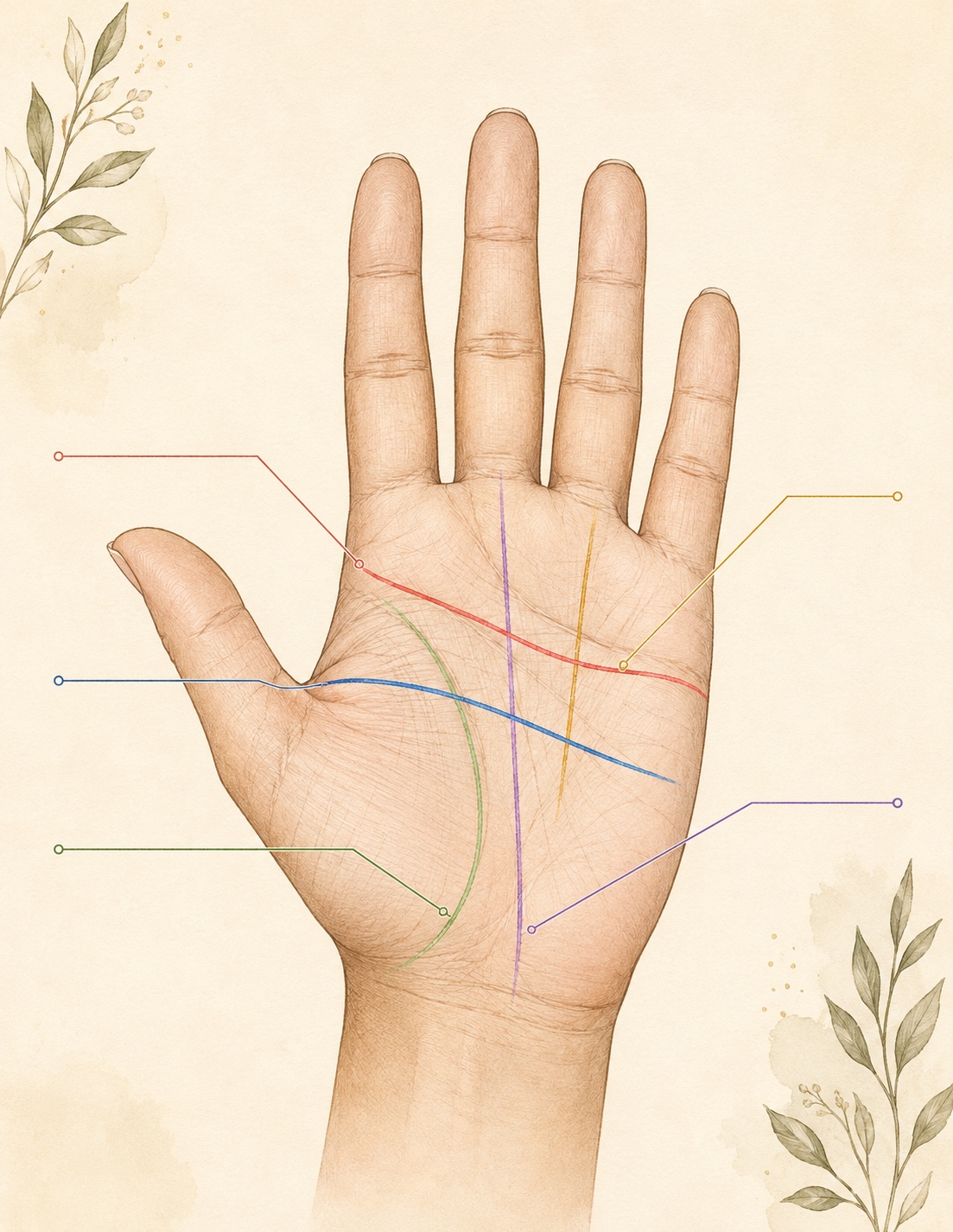 Five colored major lines on a right palm.