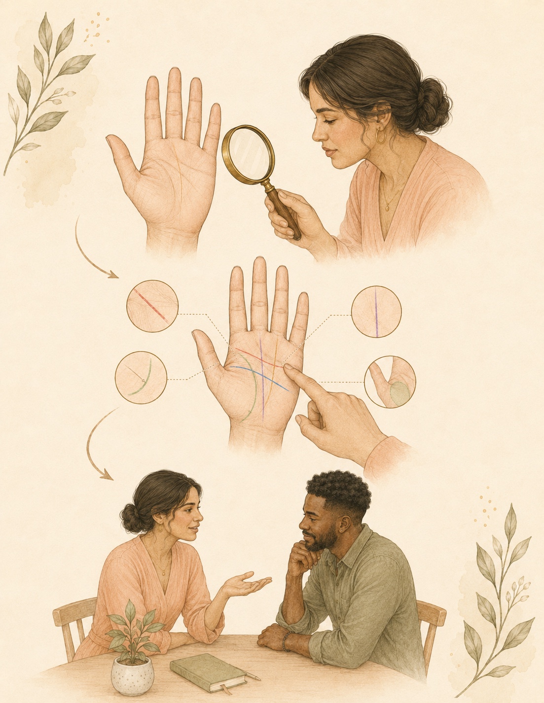 A reader observes a palm, examines its features, and shares a conversation.