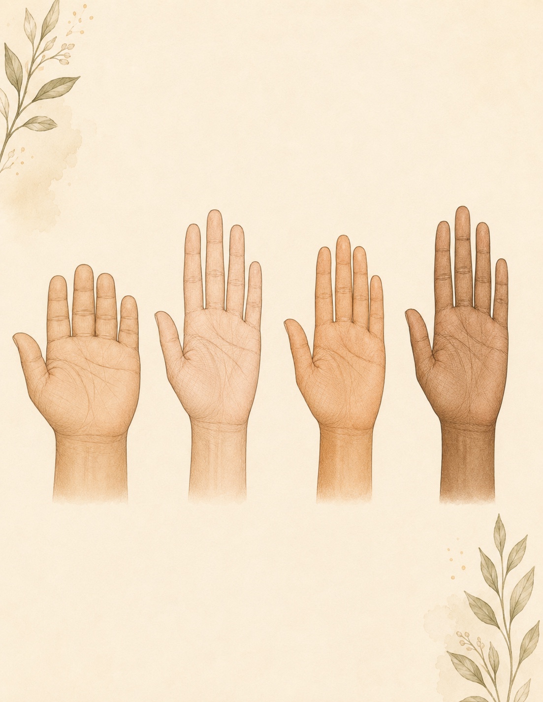 Four illustrated hand shapes, from left to right: Earth, Air, Fire, and Water.